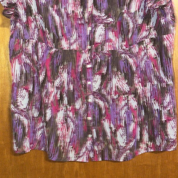 •A.N.A•PINK/BROWN/PURPLE ABSTRACT PRINTED SHEER RUFFLE NECK BUTTON UP BLOUSE 3X - Picture 8 of 11